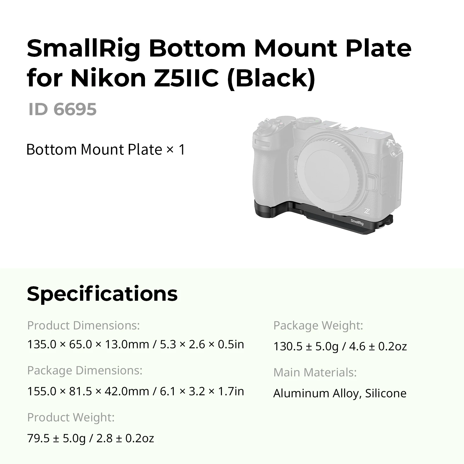 SmallRig onderplaat voor Nikon Z5IIC camera, Arca-Swiss snelkoppeling, statief, gimbal, handheld, lichtgewicht, 6695