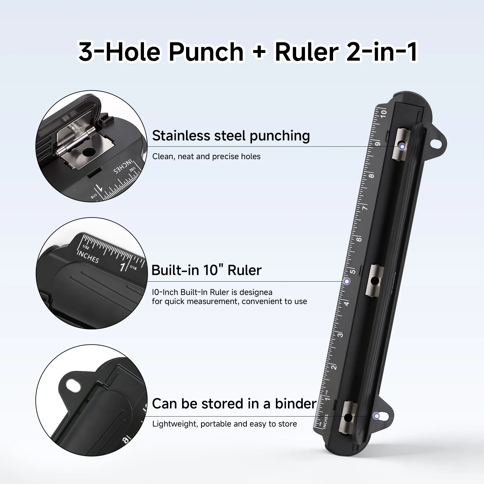 EAGLE 3-Hole Punch with Ruler for 3 Rings Binder,8-10 Sheet Capacity, A4/Letter Size,Paper Document Punching DIY Office Supplies