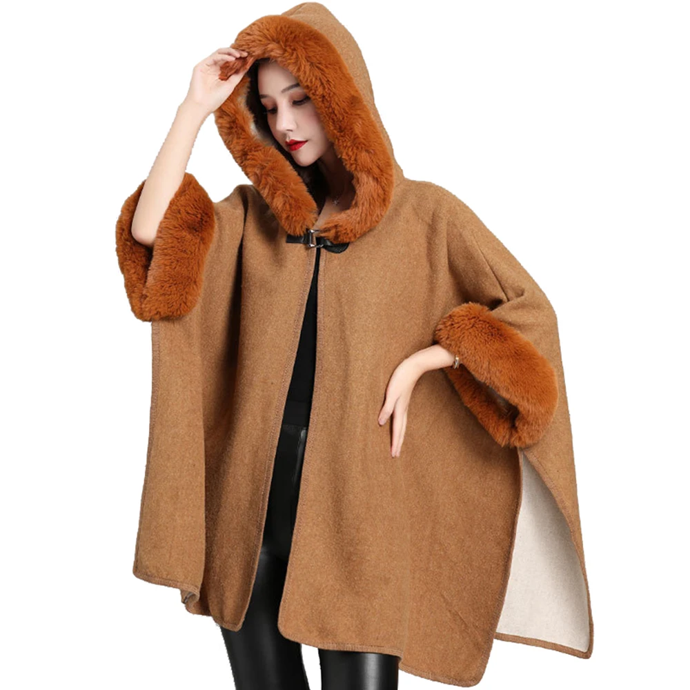 

8 Colors Khaki Black Long Faux Fur Collar Hooded Cloak Women Party Overcoat Winter Thick Cape Loose Streetwear Coat Fur Poncho