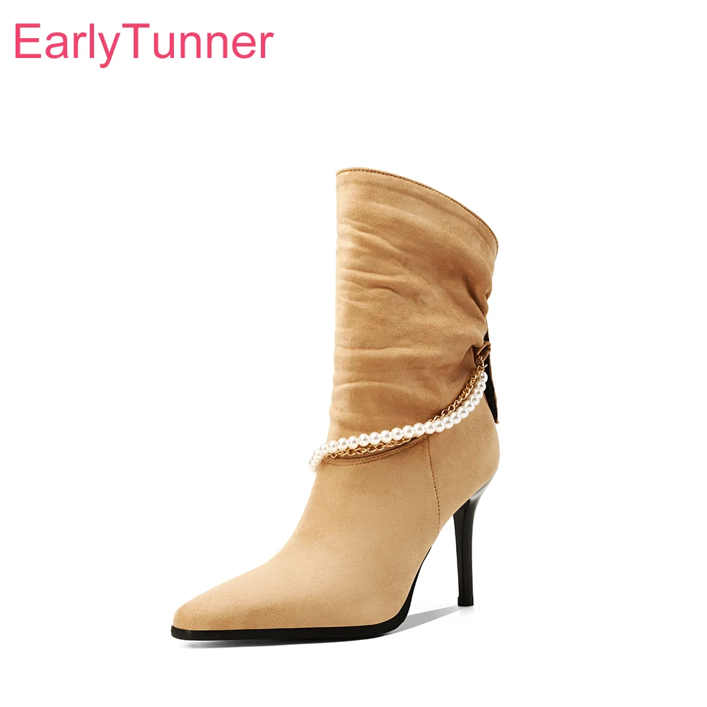 2025 شتاء جديد أنيق أسود المشمش النساء منتصف العجل الأحذية أشار تو عالية الكعب سيدة أحذية رسمية حجم كبير 12 43 46 48