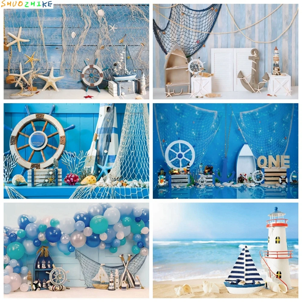 

Nautical Rudder Starfish Sea Theme Baby Birthday Portrait Photography Backdrop Wooden Board Splint Sailor Cake Smash Background