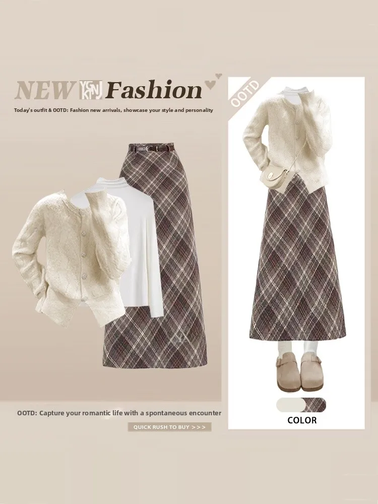

Korean Style Soft Knitted Cardigan Plaid Skirt Three Piece Set Women's Early Spring Fashionable Lazy Style Ensemble