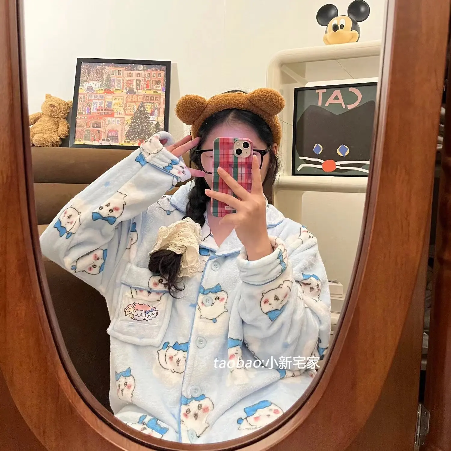 Kawaii Usagi Pjs Cartoon Chiikawa Plush Pajamas Set Anime Winter Thicken Warm Coral Fleece Homewear Cute Student Nightwear Gift