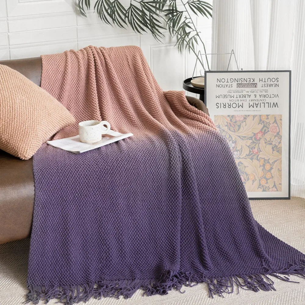 

Gradient Color Knitted Sofa Blanket for Bedside Office Nap Use Soft Air Conditioning Cover with Tassel Decorative Throw