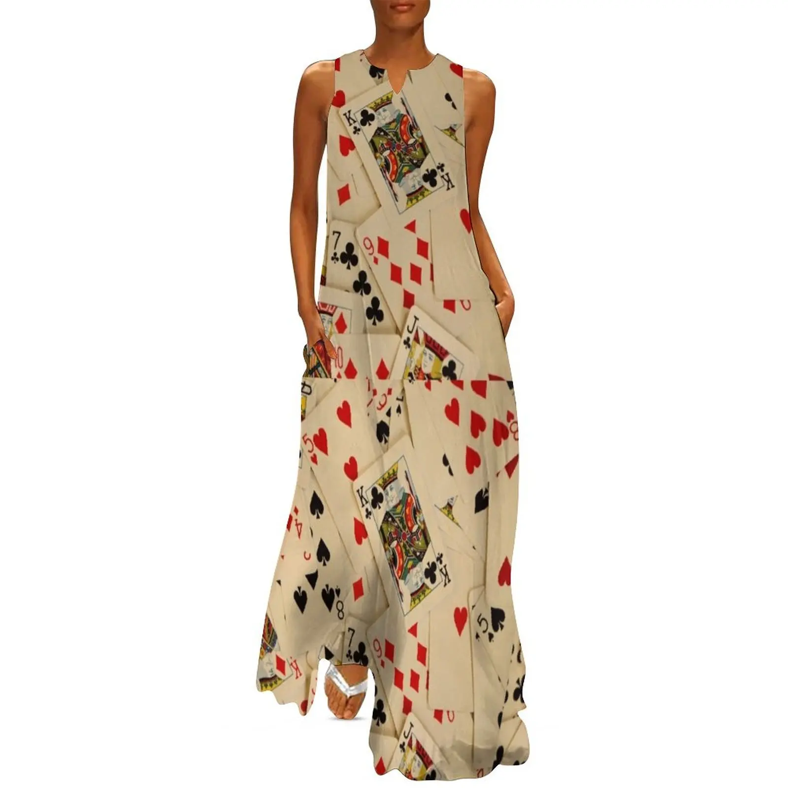 Scattered Pack of Playing Cards Hearts Clubs Diamonds Spades Pattern Long Dress Long dress women