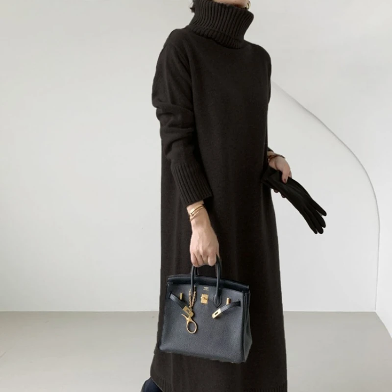 REALEFT خمر الكشمير الياقة المدورة المرأة محبوك فساتين طويلة 2025 جديد الخريف الشتاء كم طويل مستقيم فستان سترة فضفاضة #4