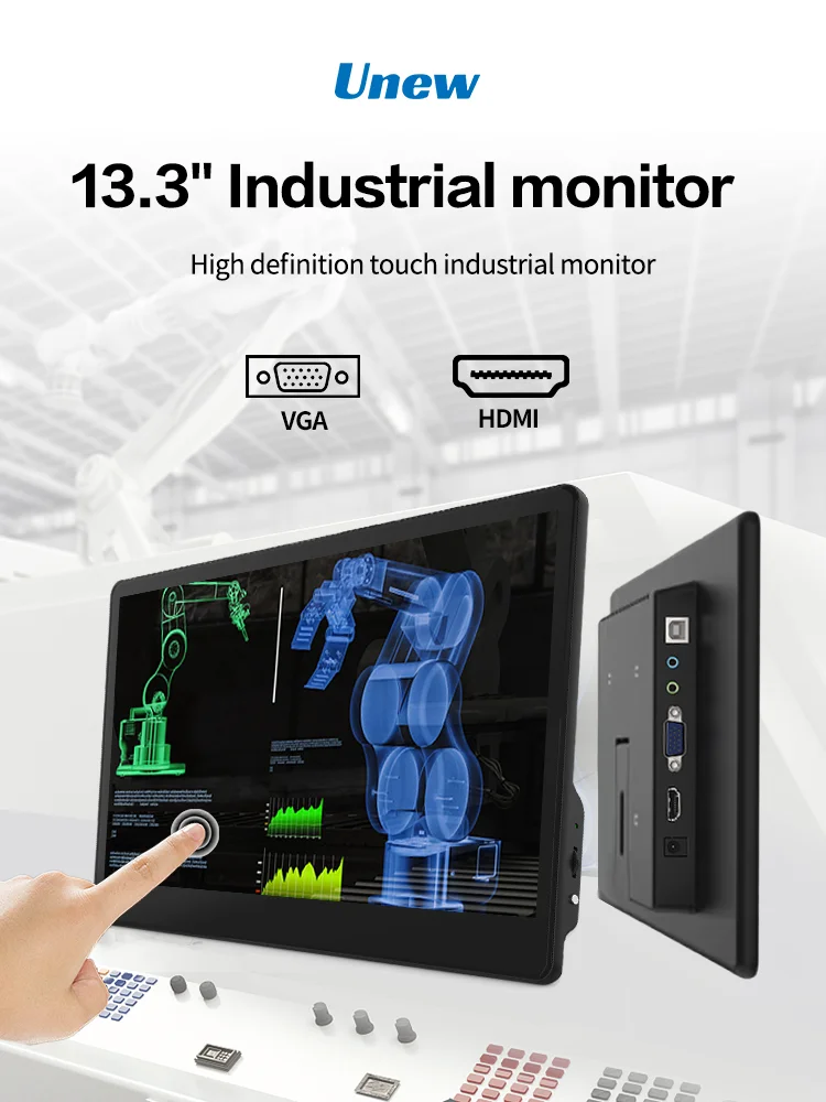 Unew 13,3-calowy monitor dotykowy Raspberry Pi 1920x1080 IPS Wbudowany głośnik 4 USB HDMI Typ-C DVI VGA Przemysłowy przenośny wyświetlacz — zdjęcie produktu 7