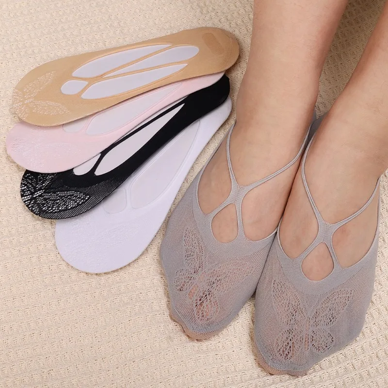 Spring Summer Nylon Butterfly Invisible Sock Slippers Unique Pattern Hollow Highly Elastic Breathable Sweat-absorbing Boat Socks