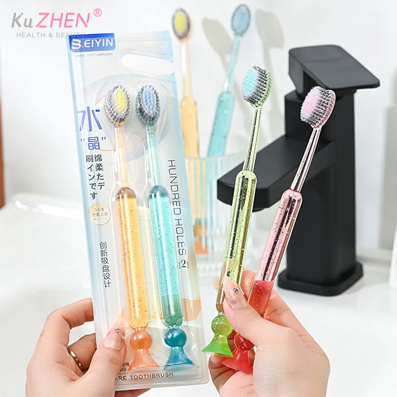 

2/4 Pcs Extra-long Brush Head Antibacterial Soft Bristle Toothbrush With Non-slip Handle And Suction Cup Base Upright Design