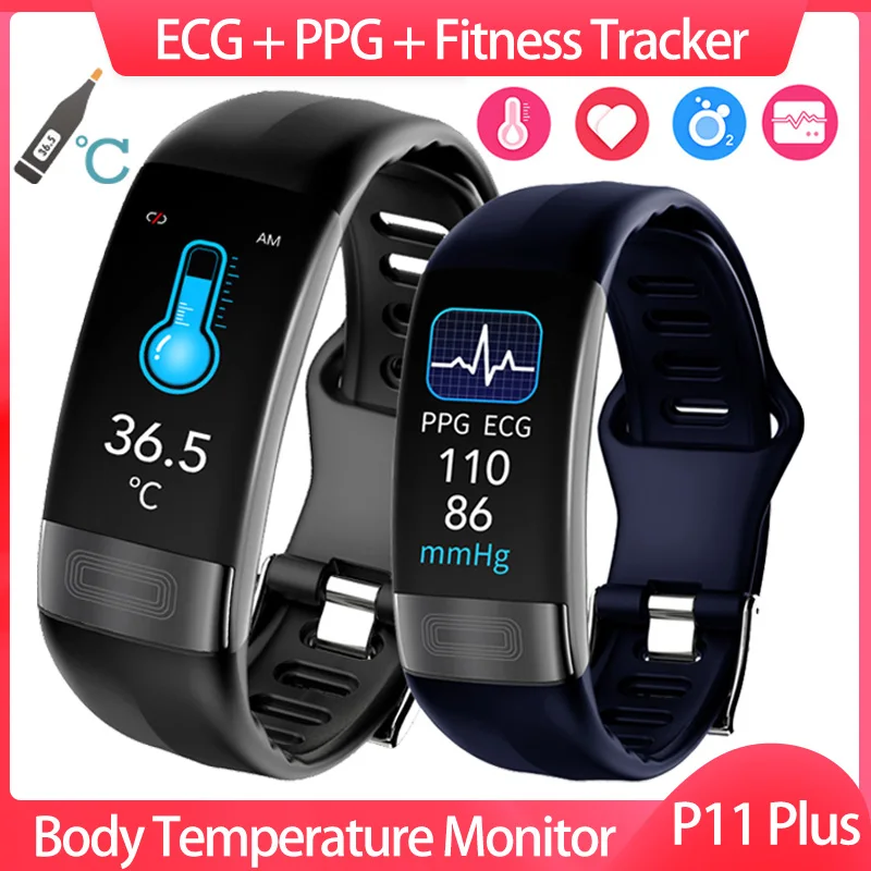 Reloj inteligente P11 Plus para hombre, pulsera de Fitness, banda inteligente ECG PPG SpO2, reloj inteligente para mujer, pulsera P11 con temperatura corporal y presión arterial