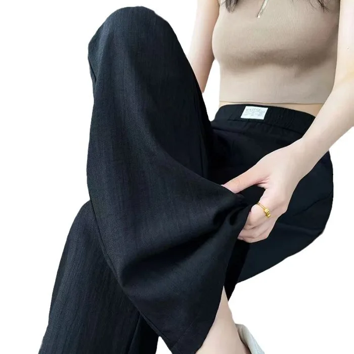Summer Ice Silk Thin Straight Jeans Women Elastic Waist Wide Leg Pants Breathable Casual