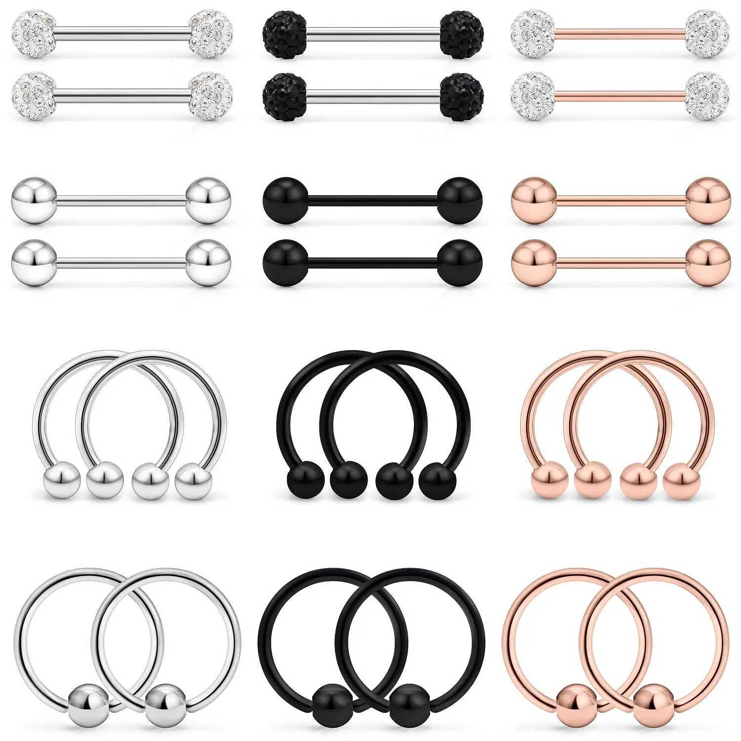 1-12 Pairs 14G Nipple Rings Surgical Steel Piercing Jewelry Set Horseshoe Captive Bead Rings Hoop Nipple Barbell Bars for Women