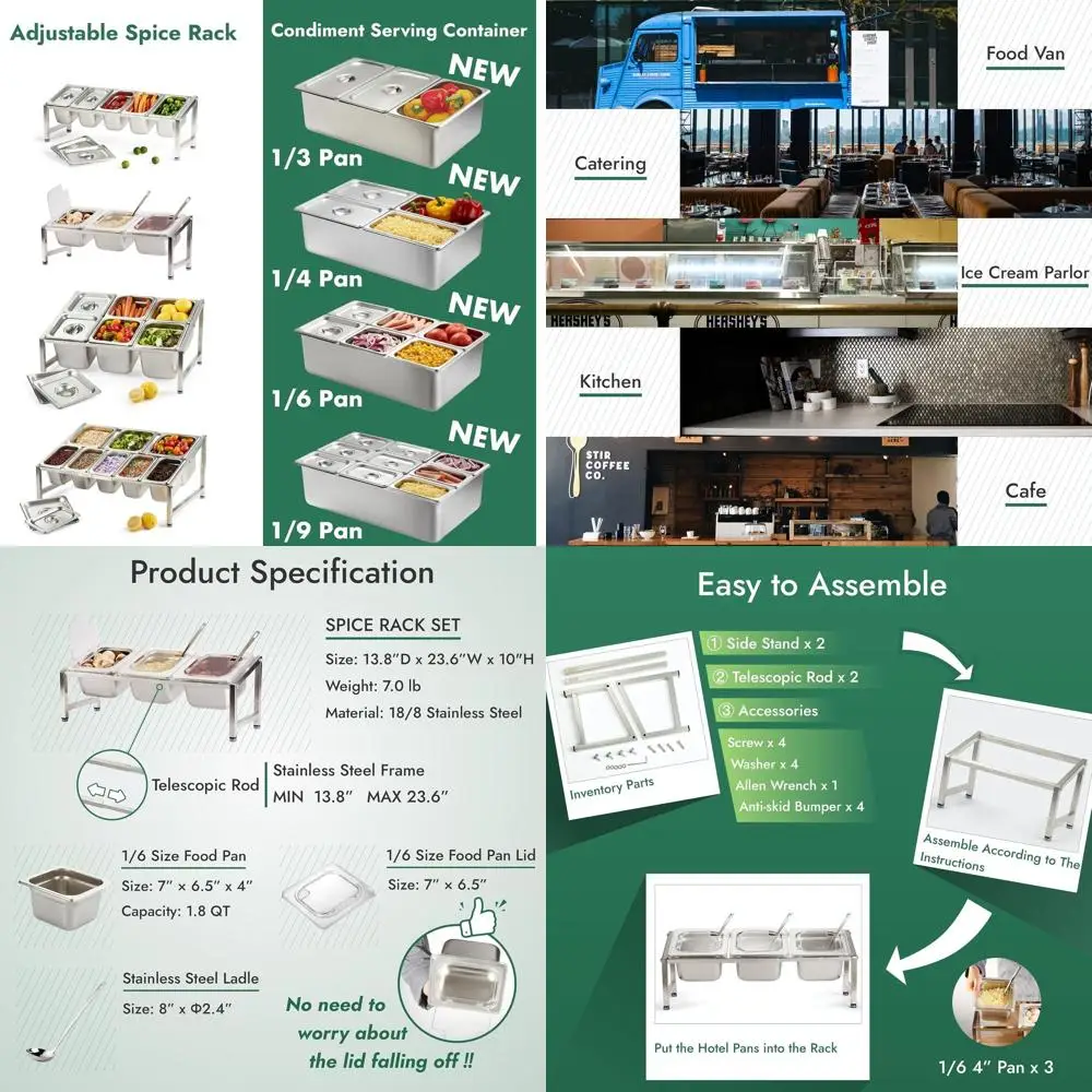 

Adjustable 18/8 Stainless Steel Spice Rack, NSF Certified, 13.8-23.6, 3 Pan & 3 Ladles, Countertop Organizer