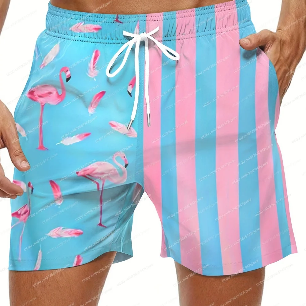 Pantalones cortos de verano para hombre, bañadores con estampado de flamenco a rayas, bañadores con cordón elástico de secado rápido, pantalones cortos de playa hawaianos, ropa para hombre