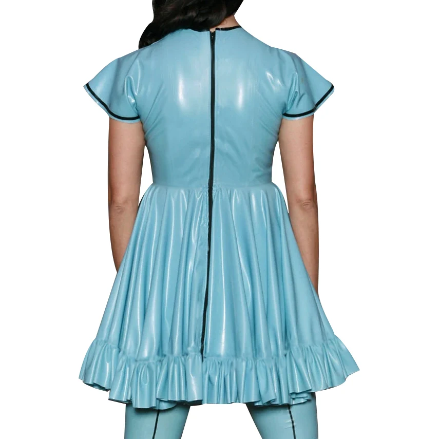 Lake Blue Sexy  Latex Dresses With Circular Cap Sleeves Full Zipper Ruffles At Bottom Rubber Baby Doll Bodycon Playsuit LYQ-0374