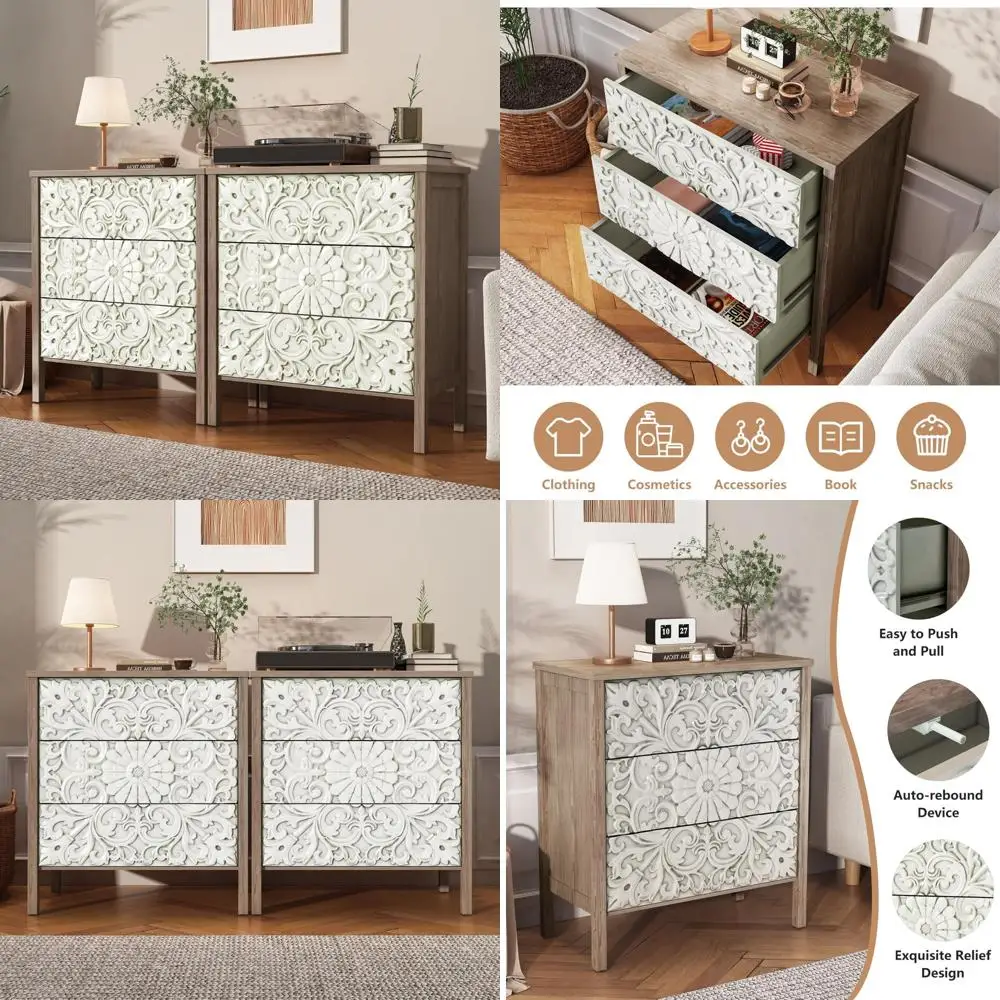 Pair of Modern Wooden Dressers with Floral Design and Spacious Drawers for Bedroom Storage