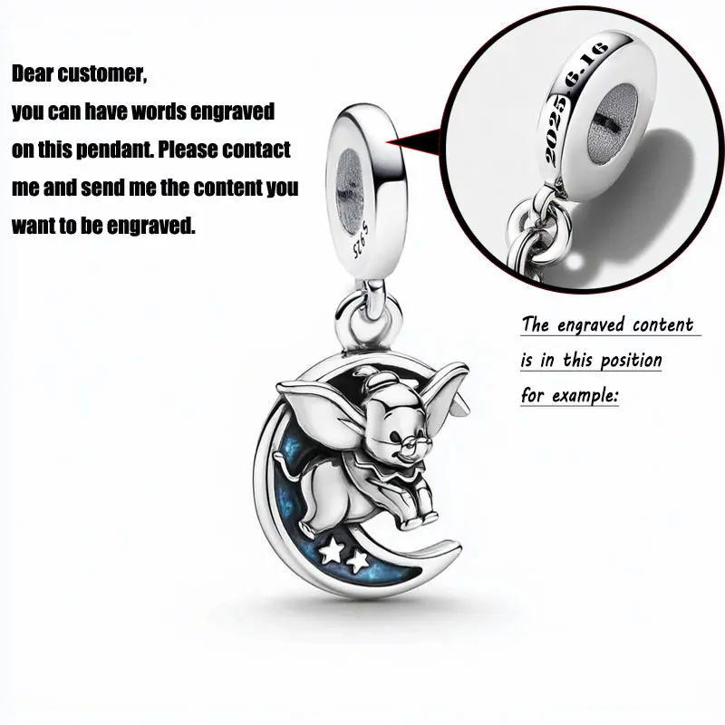 Disney's Dumbo Charm Customizable Engraved Pendant 925 Sterling Silver Star And Moon Shape Fine Jewelry DIY Bracelet Accessory