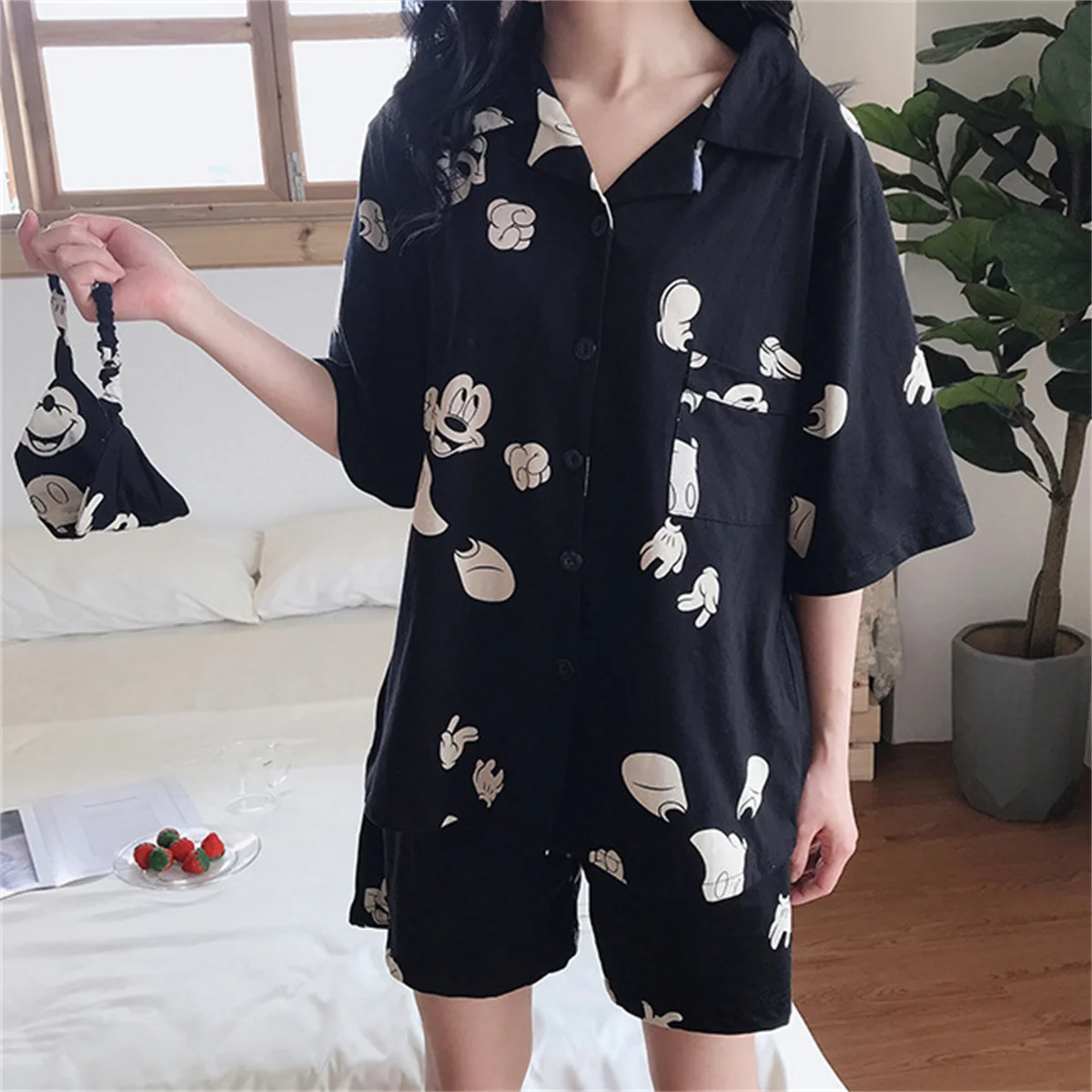 hibobi 2Pcs Summer Ladies Short-Sleeved Home Wear Set Cute Casual Breathable Cartoon Print Pattern Pregnant Women Home Wear Set