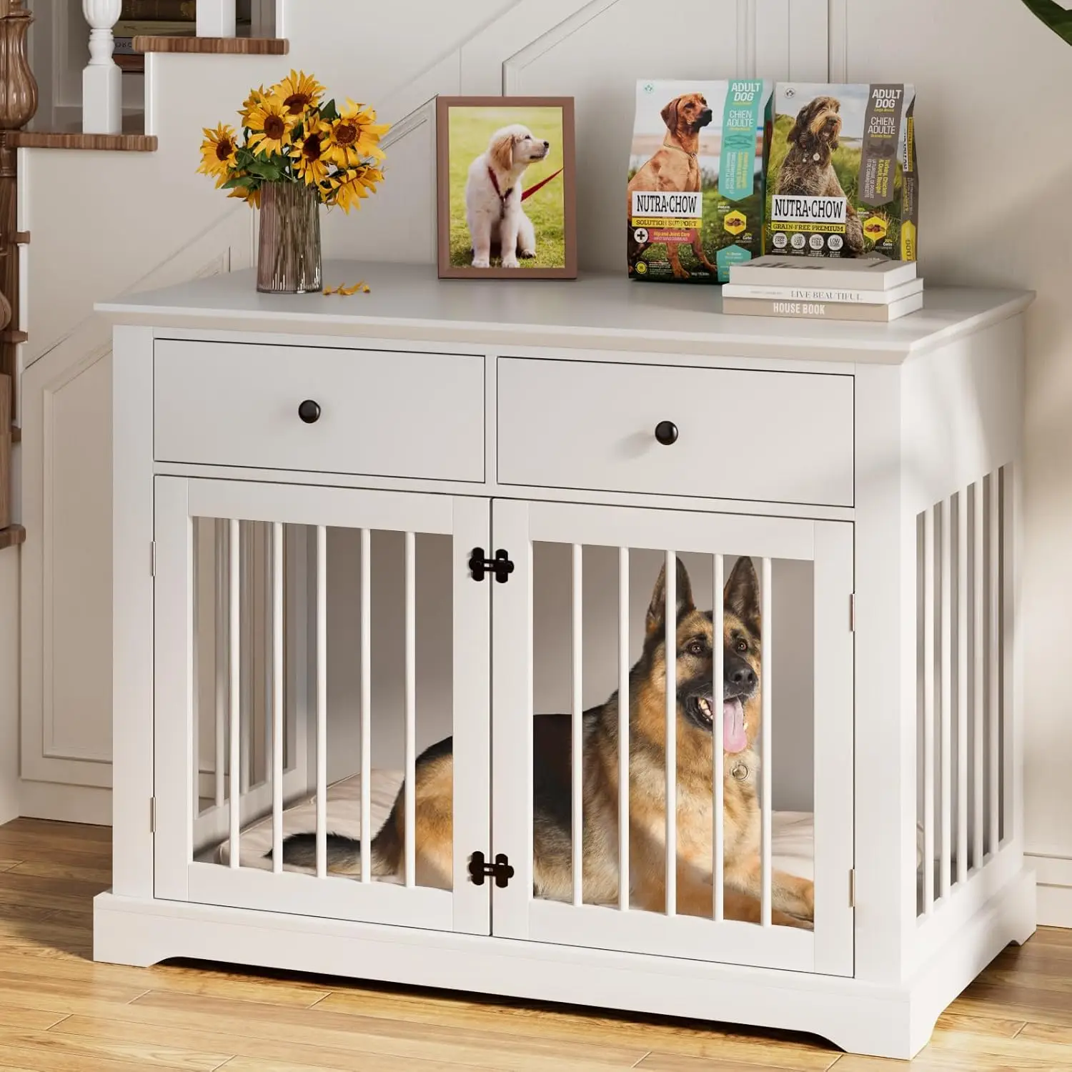 

44inch Large Dog Crate Furniture with Drawers, Wooden Dog Kennel Furniture for Indoor use, White End Table Dog House, for Small