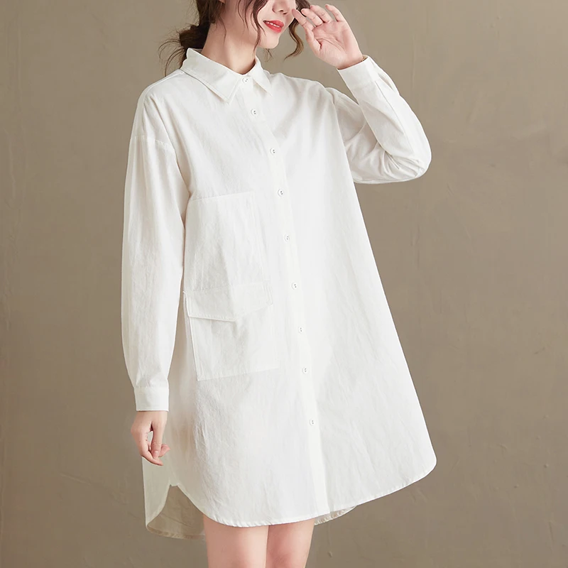 ربيع الخريف فضفاض طويل Sve القطن irt حجم كبير التخسيس طويل irt لون نقي المرأة عادية Faion Sle #2