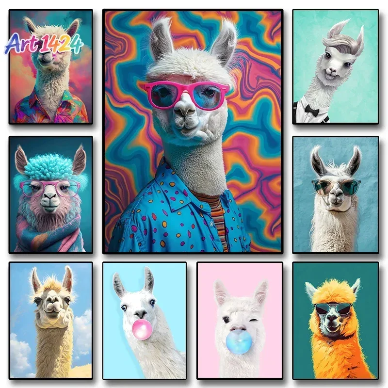 Funny Colorful Llama Animal Canvas Painting Alpaca Prints Nursery Nordic Wall Art Poster Kids Pictures Living Room Home Decor