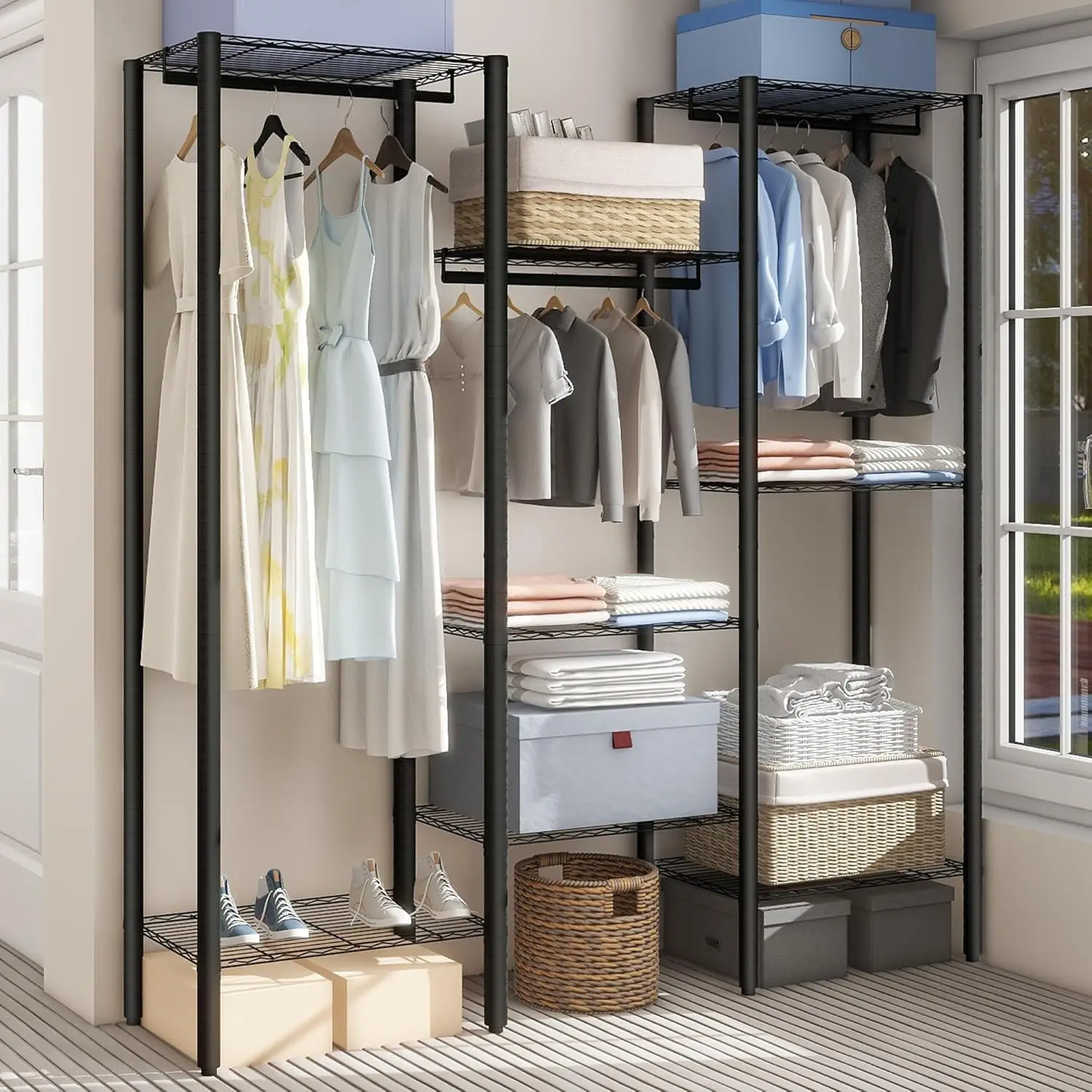 

Heavy Duty Clothes Rack with Three Hanger Rods, Freestanding Metal Wardrobe Storage Rack with Adjustable 8 Tiers Wire Shelving