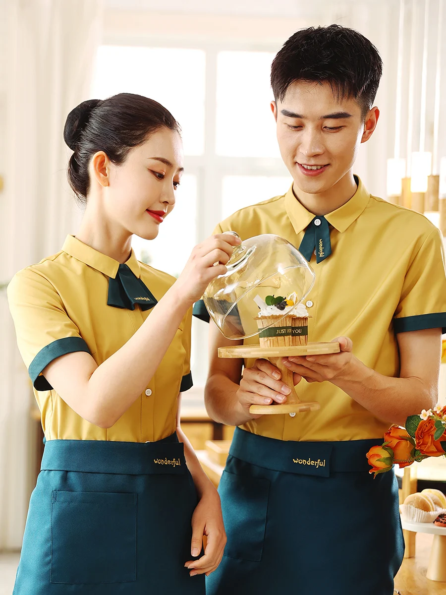 Western Restaurant Work Clothes Summer Cafe Milk Tea Burger Shop Waiter Uniform Catering Waitress Shirt and Apron Set Wholesales