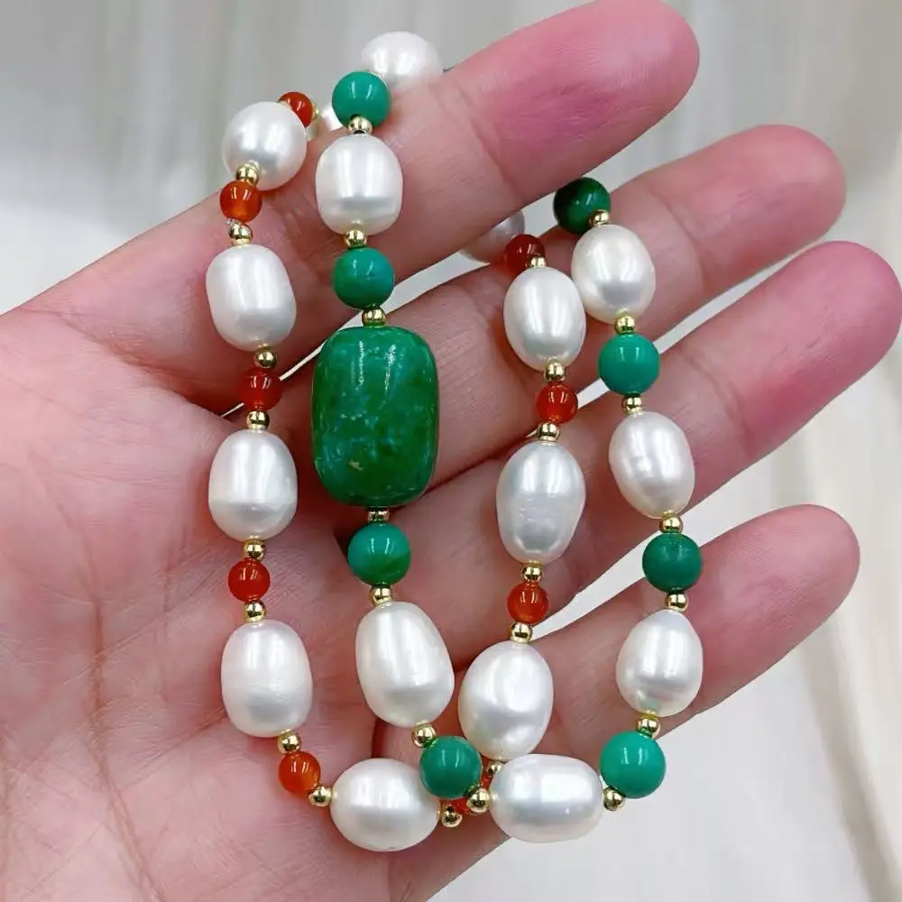 New  Fashion Red Aagte Green Turquoise Rice Natural Freshwater Pearl Elastic Woman Bracelet 7.5inch