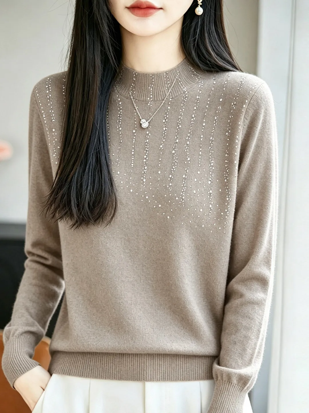  Heavy-Duty Sparkling Diamond Half-High Collar Loose Long Sleeve Knitted Sweater Women's Fashionable Versatile Base ...