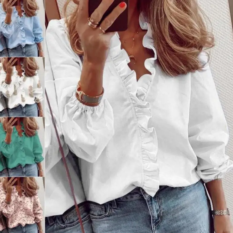 

Elegant Long Sleeve Ruffled Shirt for Women Lace Snowflake Pattern Classic Style Women's Premium Fashion Clothing