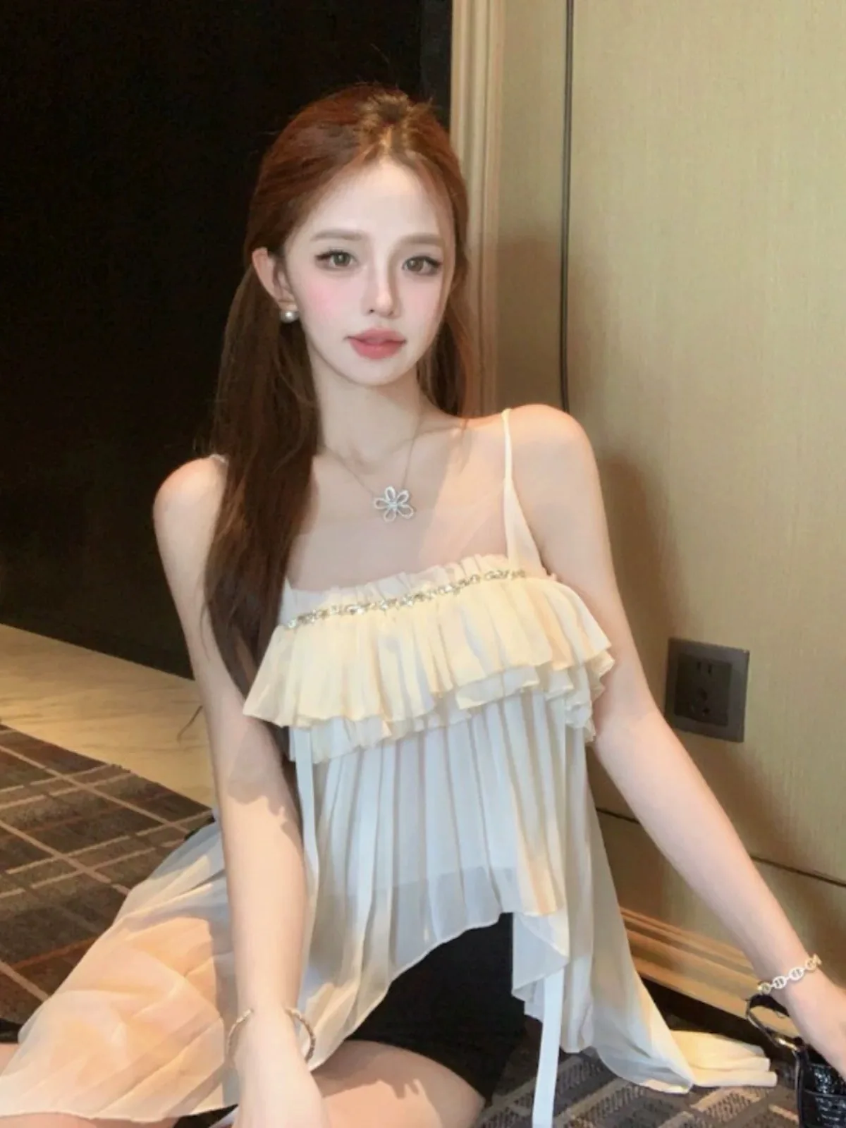 Irregular Chiffon Pleated Sling Tops Shirt Lady Korea Sweet Hot Blouse Fairy Charm Summer Tops Female Date Bar Dinner Cafe Shirt