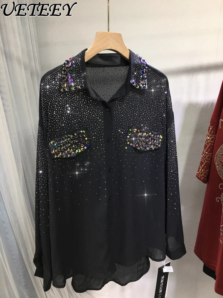 

Heavy Embroidery Hot Drilling Shirt Women's Lapel Full Diamond Beaded Cardigan Loose Soft Chiffon Blouse Summer Fashion Ops