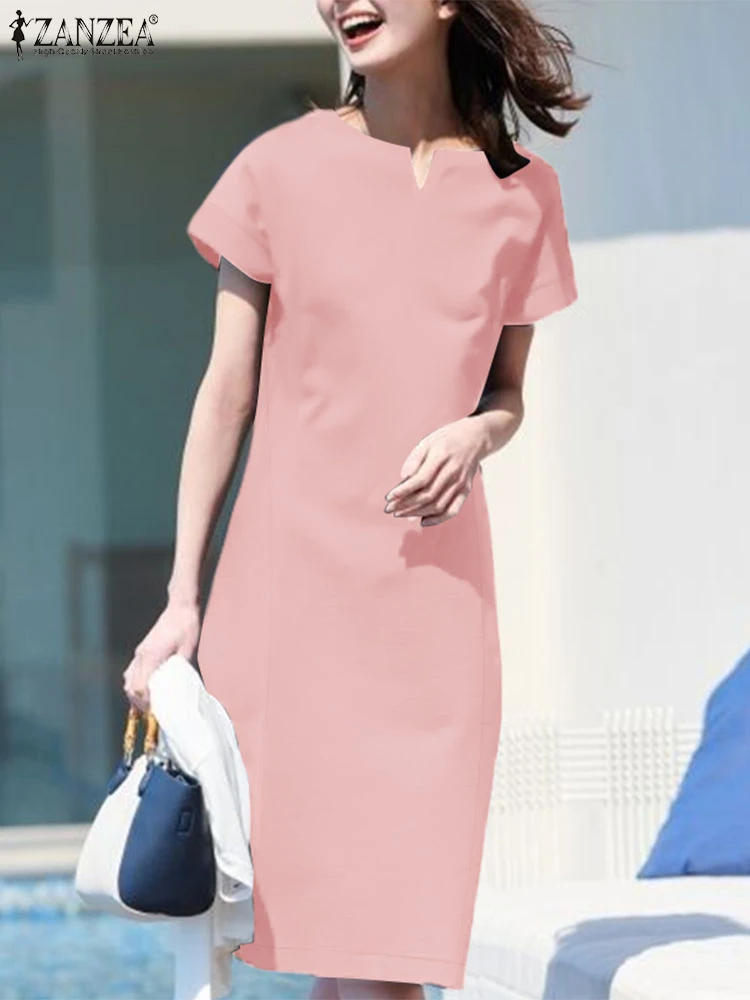 Moda letnia sukienka z krótkim rękawem solidna sukienka ZANZEA sukienki damskie 2025 moda praca do kolan szata Casual Holiday Vestido Kaftan