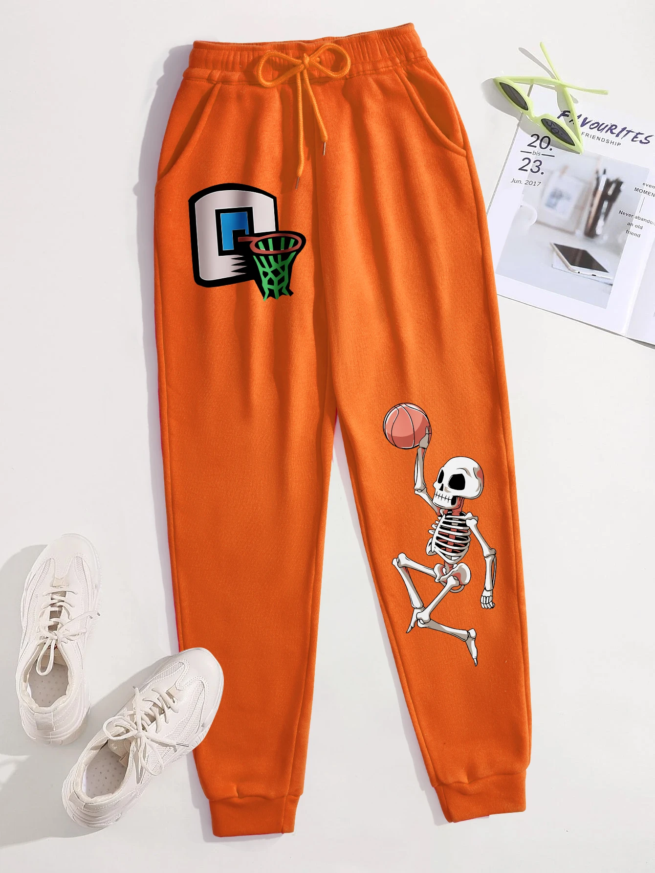 Skeleton Playing Basketball Pattern Printing Men'S Casual Basic Pants Versatile Pocket Drawstring Trousers Trendy Street Pant