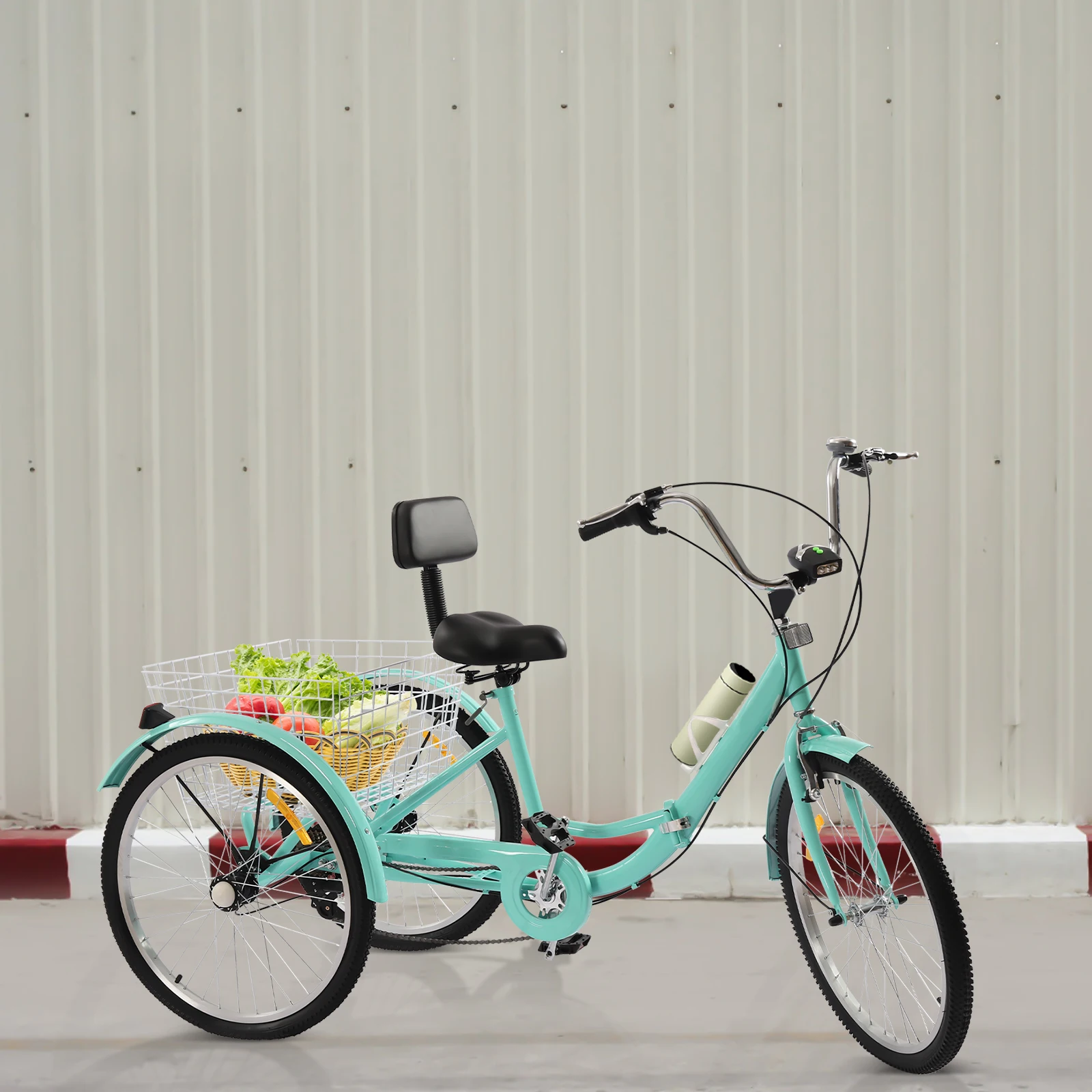 24 Inch 7 speed Folding Three-wheeled Bicycle Turquoise Tricycle Bike with Water Cup Holder and LED Headlight