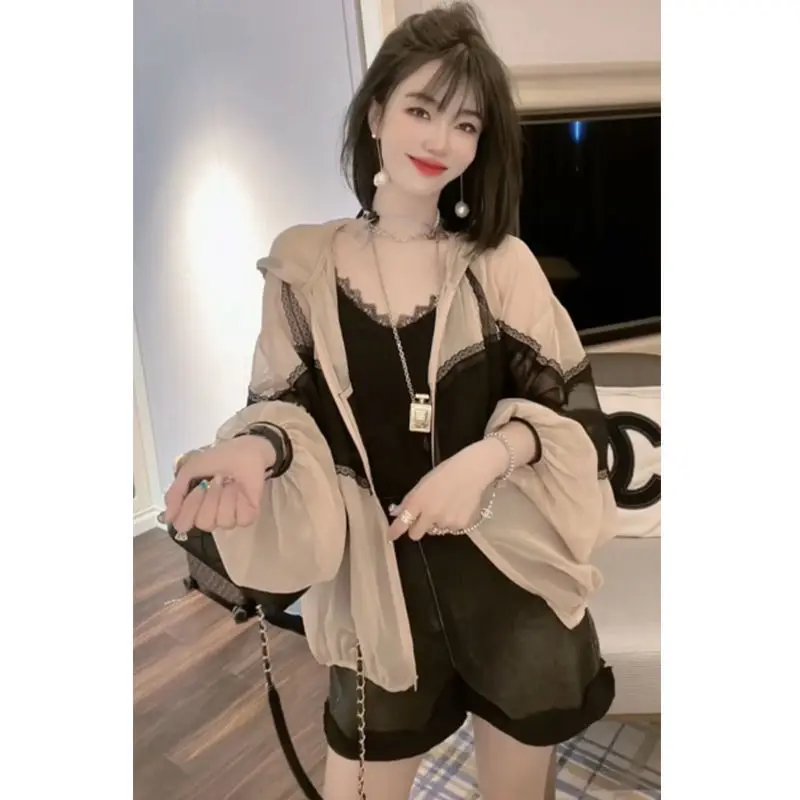 

New Women Long Sleeve Lace Patchwork Hooded Jacket Tops Zipper Beach Streetwear Sun Protection Clothing Korean Fashion Loose