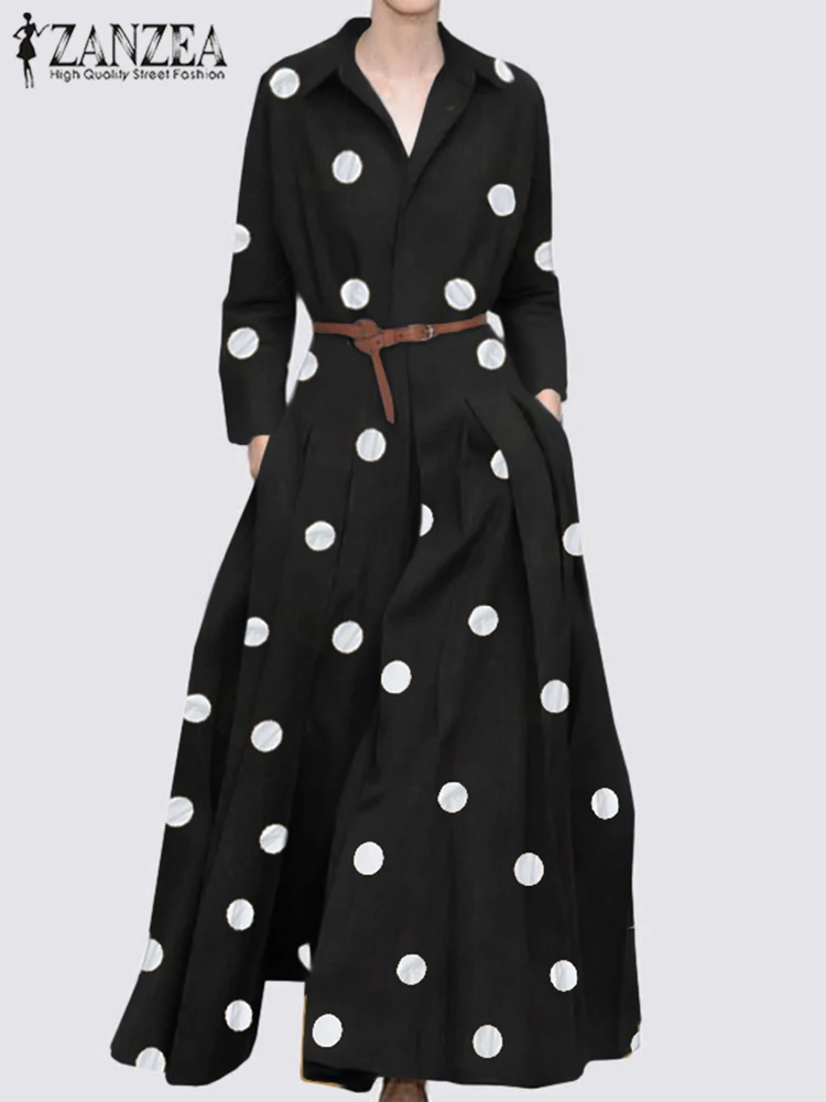 

ZANZEA Elegant Longue Polka Dot Robe Women Long Maxi Dress Casual 2024 Summer Bohemian Baggy Kaftan Holiday Lapel Shirt Dresses