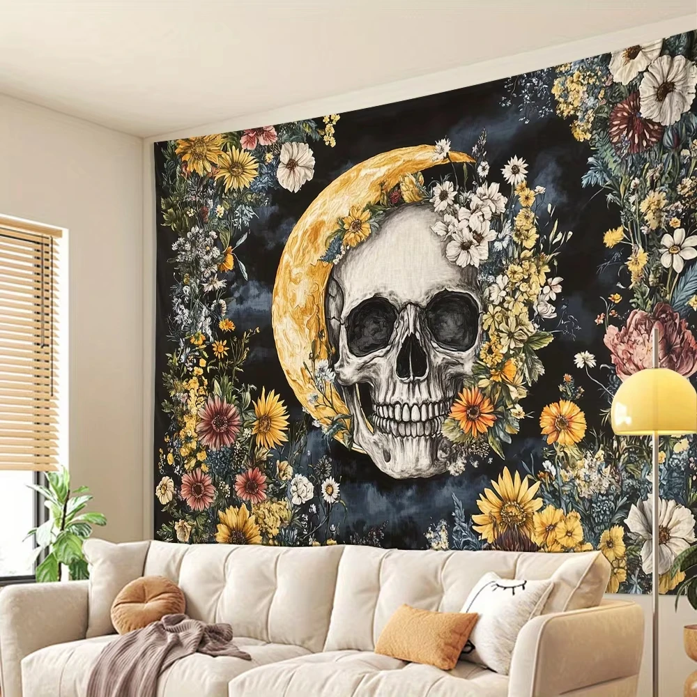 VIKAMA Halloween-Totenkopf-Wandteppich für Wohnzimmer und Schlafzimmer – wasserdicht und schmutzabweisend, Heimdekoration, Wandbehang