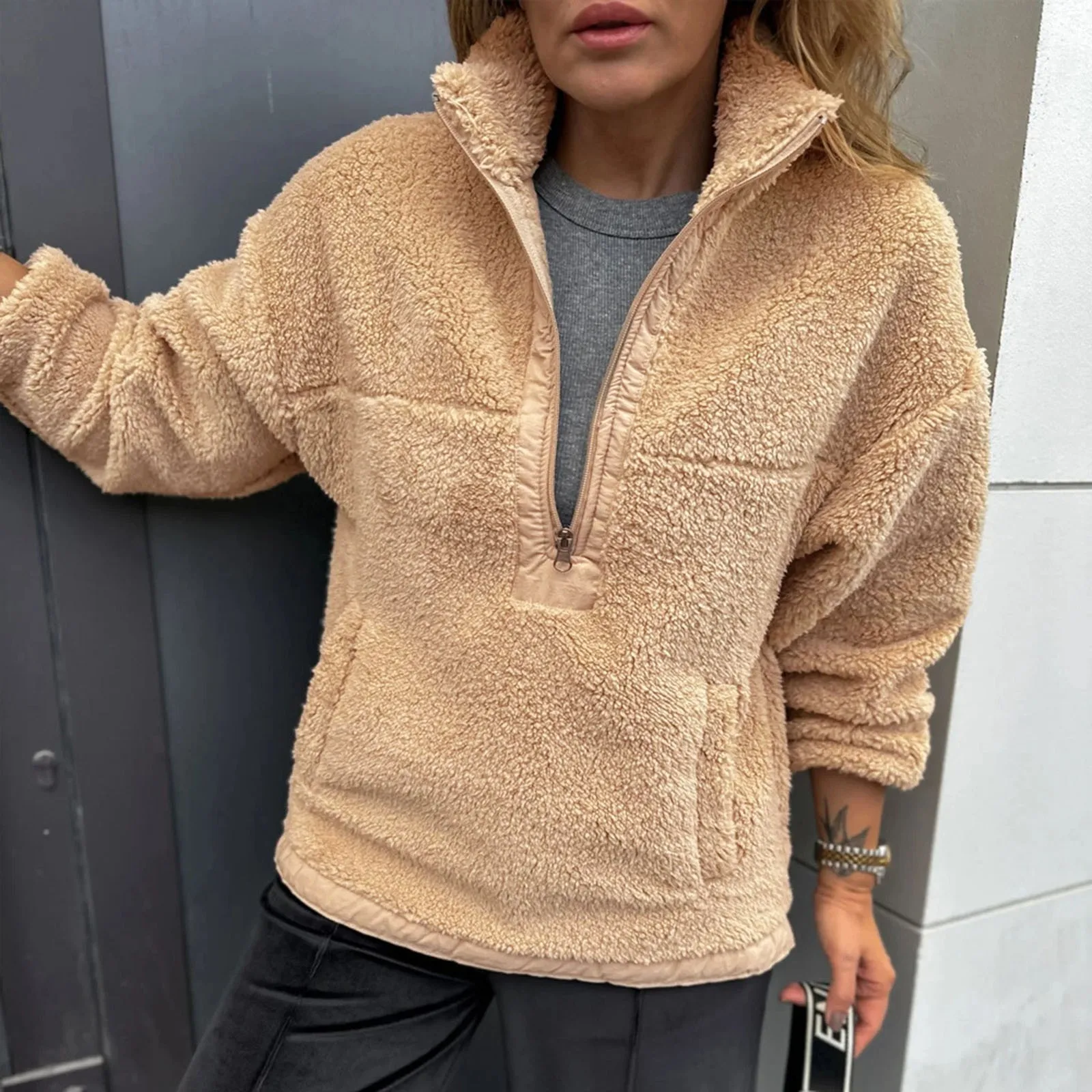 2024 New Autumn Winter Plush Women Sweatshirt Stand Collar Zipper Hoodies Long Sleeve Solid Color Fluffy Ladies Pullovers Tops