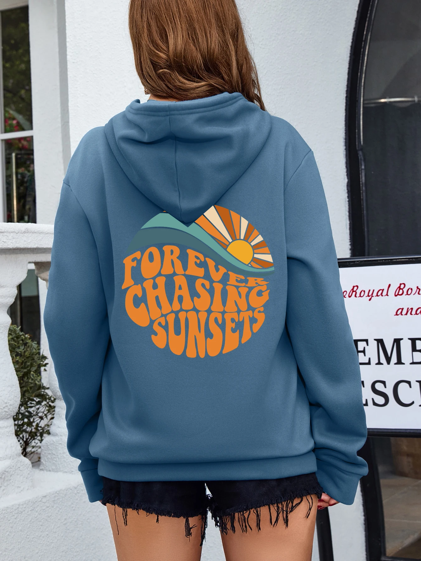 Forever Chasing Sunsets Pattern Printing Womens Hoodie Long Sleeves Pocket Sweatshirts Warm Pullover Fashion Casual Clothes