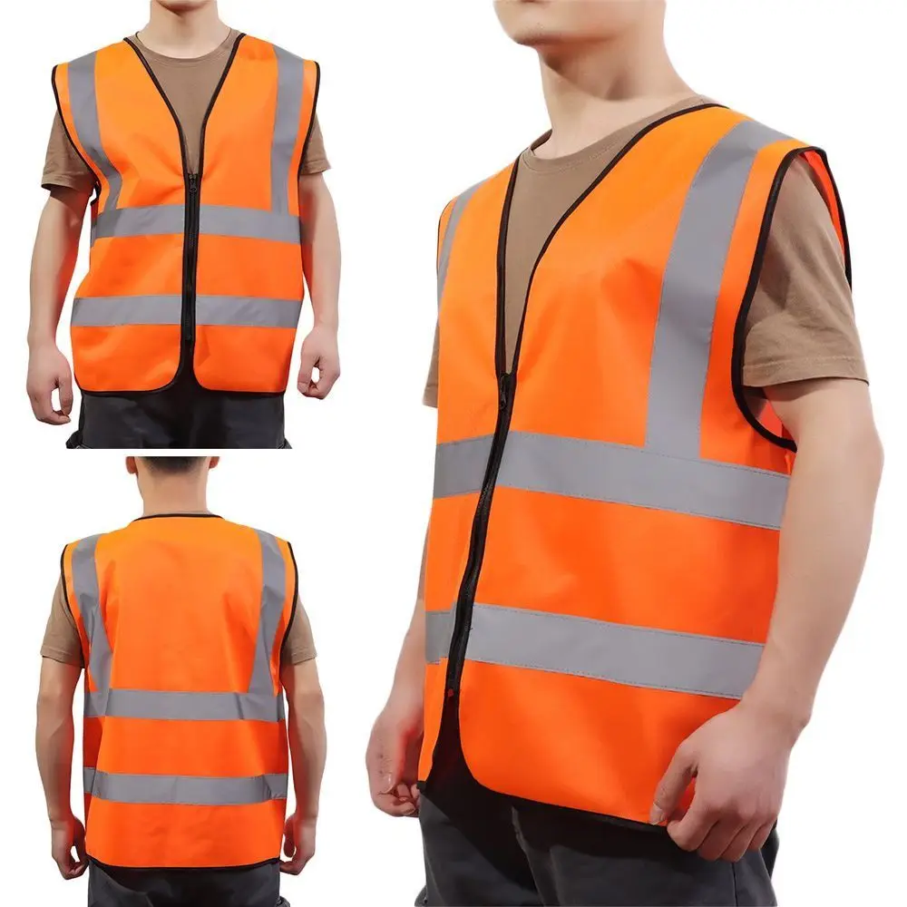 Durable High Visibility Safety Vest Front Reflective Strips Zipper Workwear Uniforms Security Guard Vest Warehouse