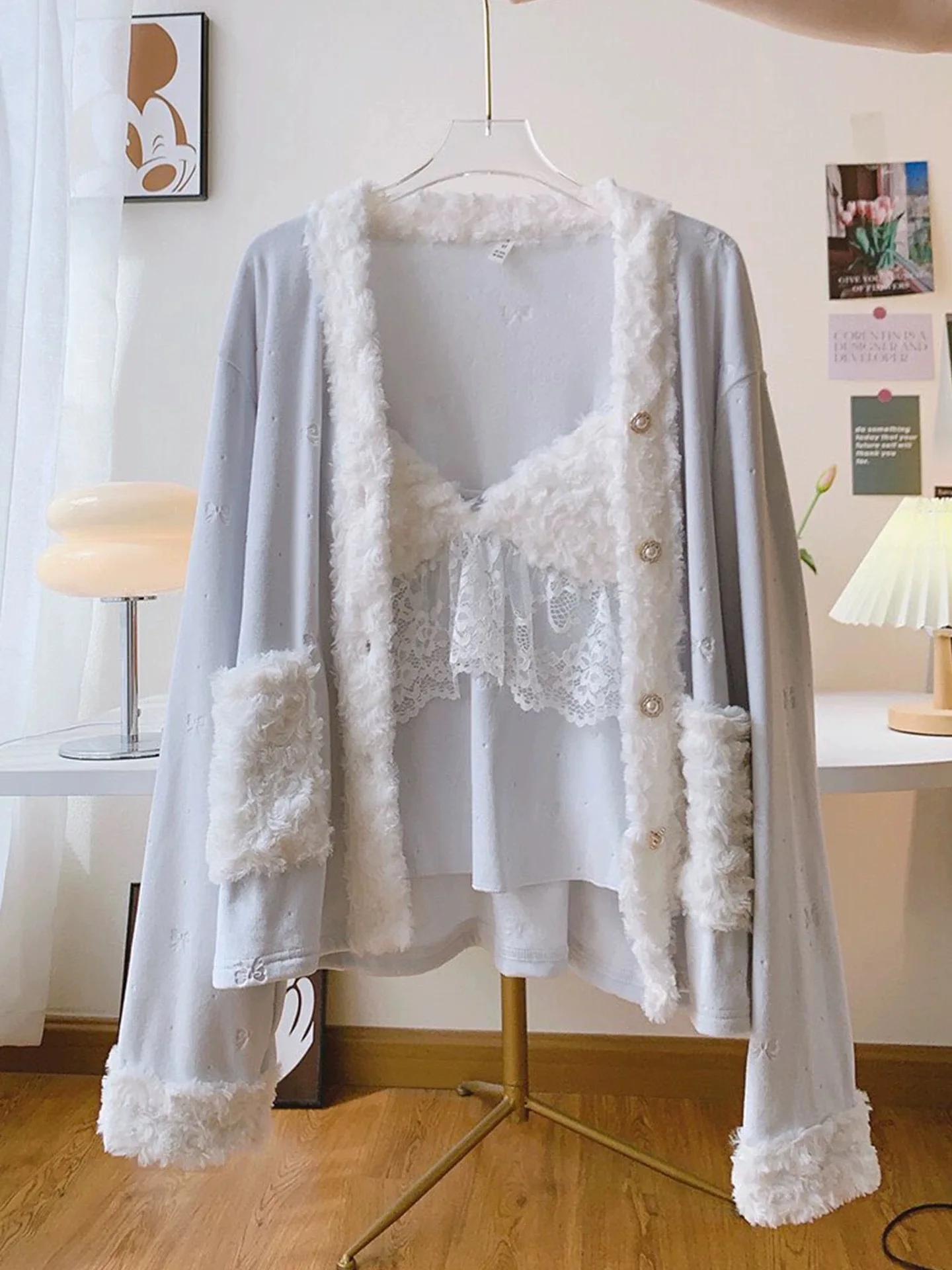 Velvet Female 3PCS Robe Pajamas Set Sleepwear Sexy Lace Trim Bathrobe Trouser Pijamas Suit Velour Homewear Loungewear