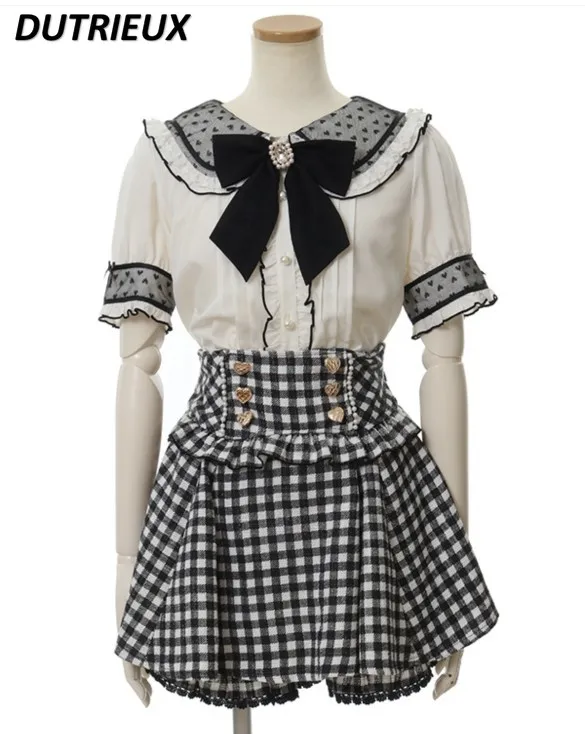 Imagem -05 - Saia Japonesa de Suspensão Rojita para Meninas Saia Lolita de Camada Dupla Impressa Houndstooth Casual de Renda Fofa e Doce para Mulheres