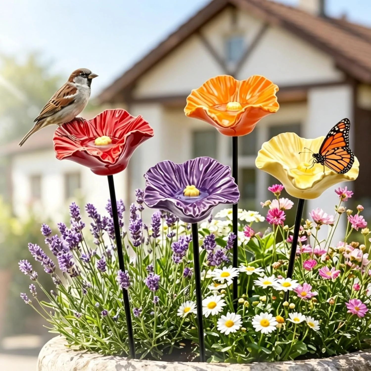 4Pcs Ceramic Flower Bee Water Feeder Butterfly Bathing Bowl Flower Bee Watering Garden Stake For Garden Lawn Supplies Outdoor