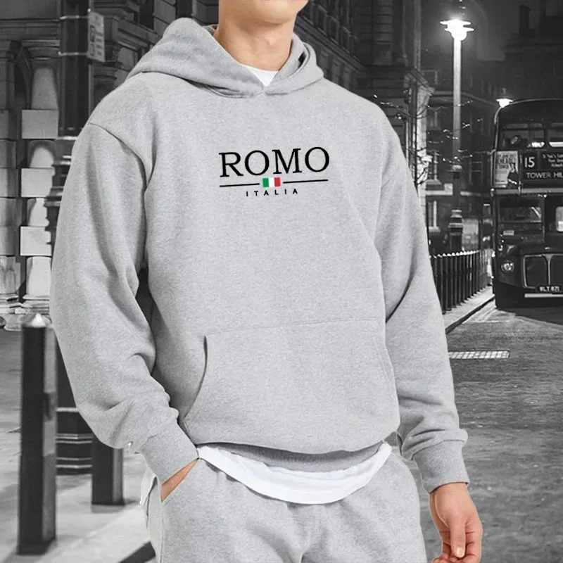 Romo Italia Print Hoodies for Mens Autumn Long Sleeve Sweatshirts Casual Loose Outdoor Sport Clothes