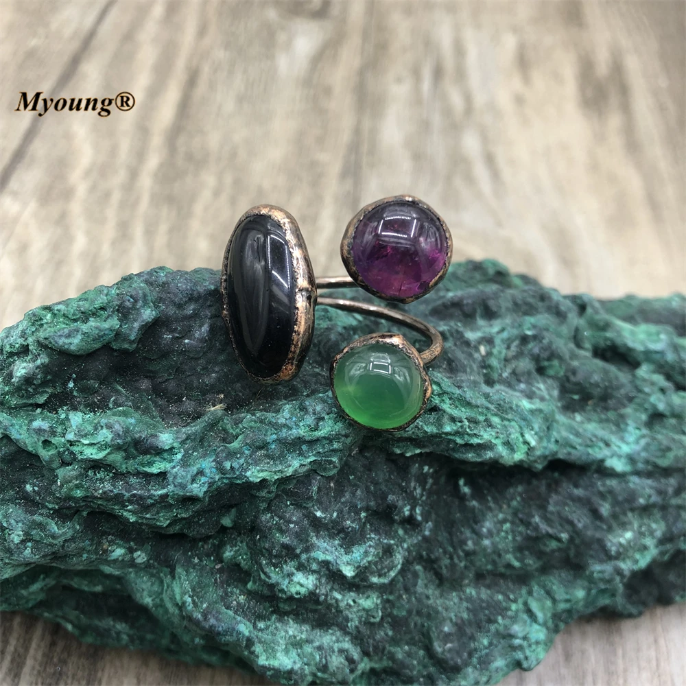 10PCS Natural Onyx Green Agates Amethysts Three Stones Ring Bronze Plated Vintage Ring Witch Bohe Jewelry For Women MY220862