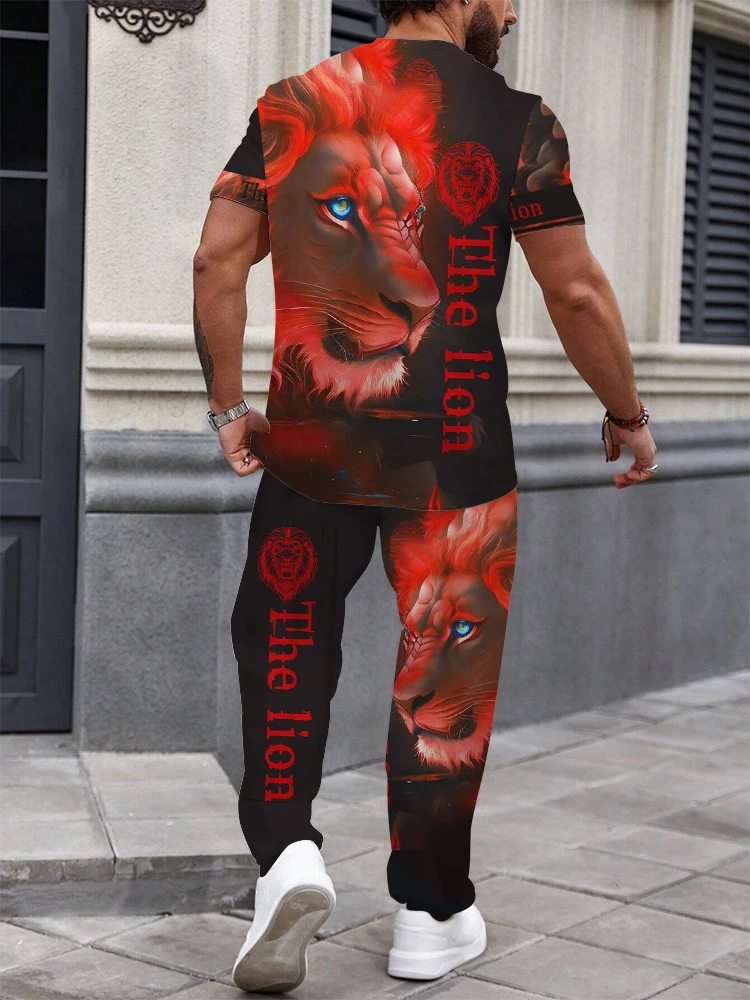 Lion print two-piece men\'s fashion wear Casual crew neck short sleeve T-shirt and trousers Summer men\'s vacation sports