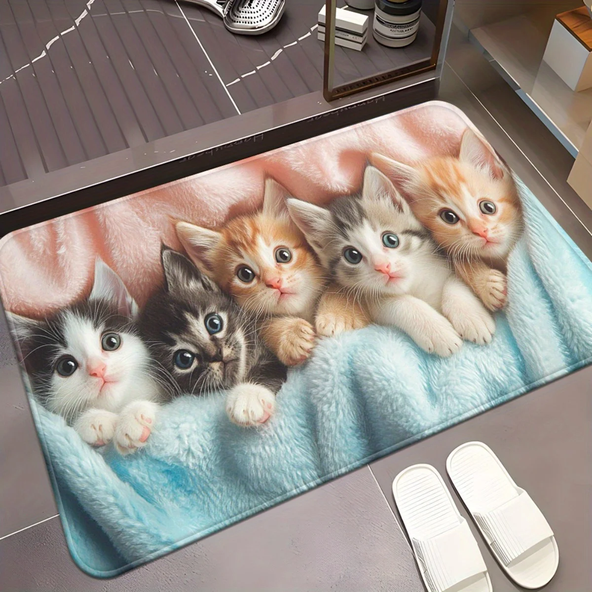 Adorable Cats Floor Mat 1pc – Five Kittens Peeking from Blue Blanket, Charming Pet-Themed Indoor Doormat for Home Decor