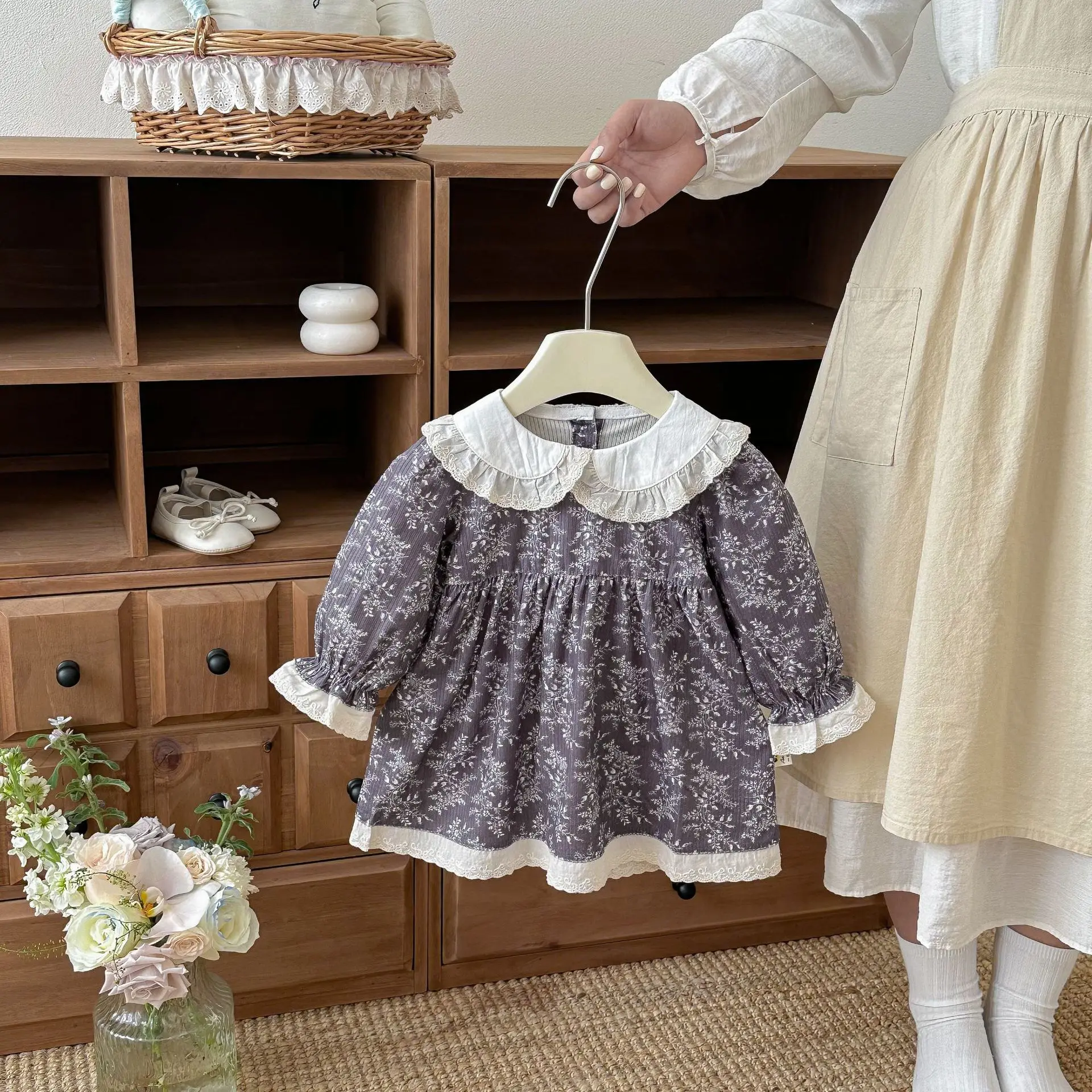 Korean Spring and Autumn New Girl Baby Floral Dress, Girls' Long Sleeve Countryside Style Cute Lace Princess Dress