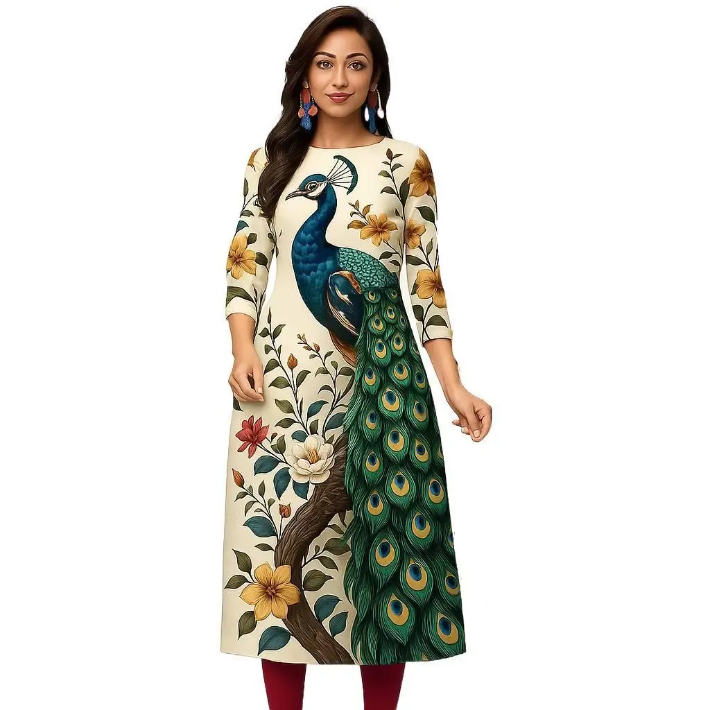 Kurt moda donna comoda manica lunga dritta casual girocollo etnico modello pavone nuovo vestito.2026